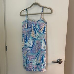 Lilly Pulitzer Sailboat Print Spaghetti Strap Summer Dress in Turquoise & Blue